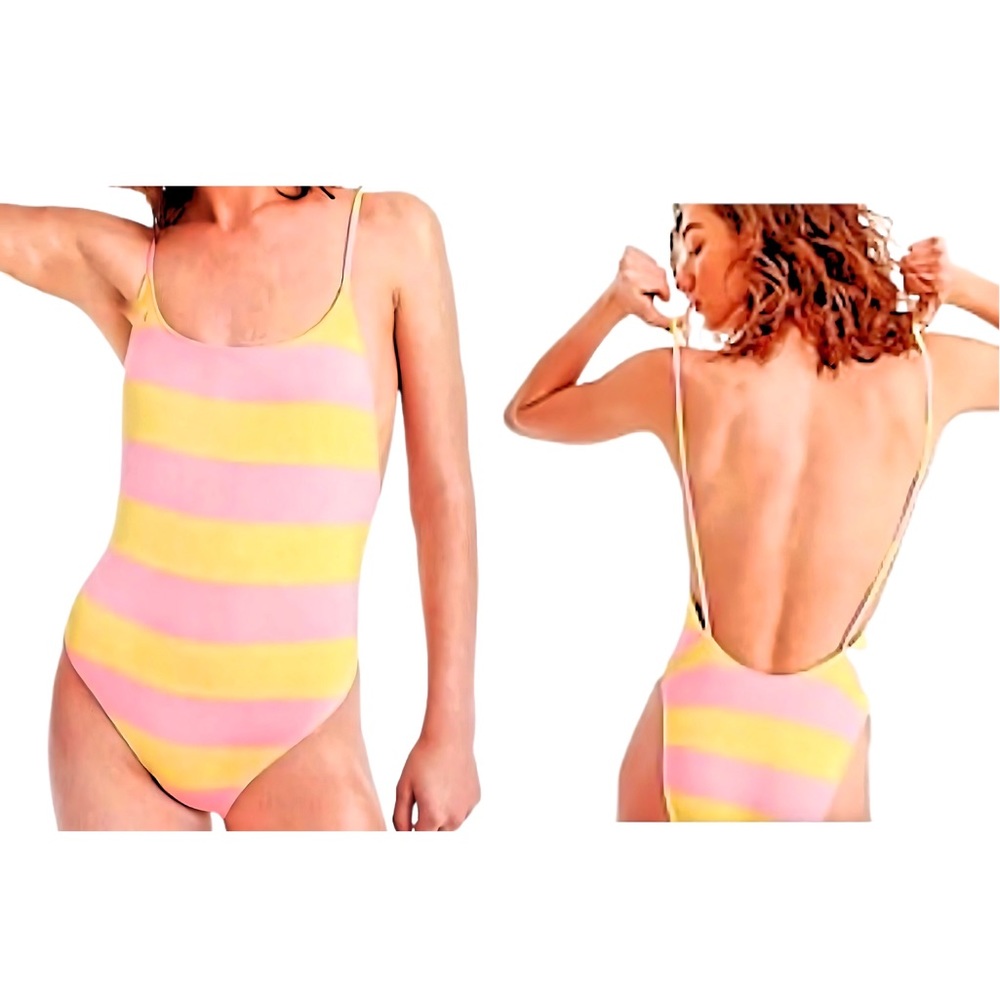 NWT J. Crew Playa Pink and Yellow Striped Open Back Bathing Suit - size L